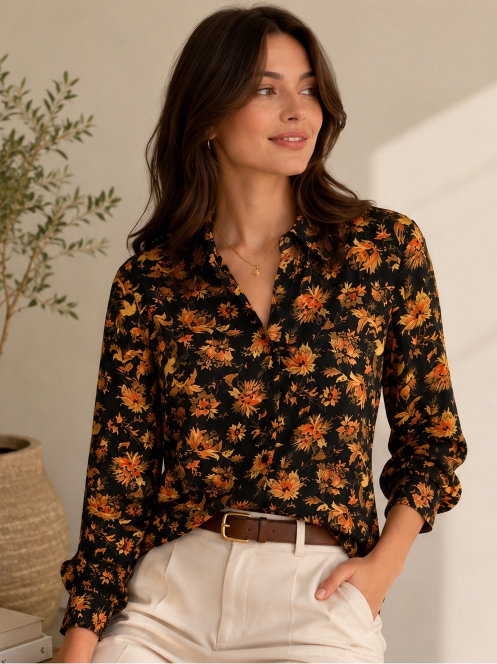 Tahari Black Button-Down Blouse with Orange Floral Print